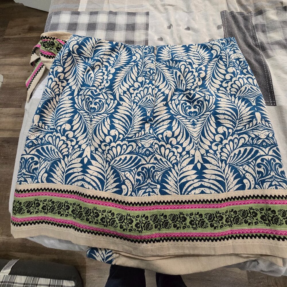 LOFT Blue and Cream Mini Skirt with Pink & Green Trim